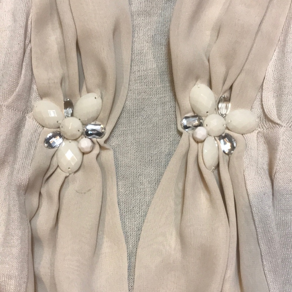 The Limited Cream Short Sleeve Shrug with Draped Scarf and Bead Accents - Picture 12 of 14